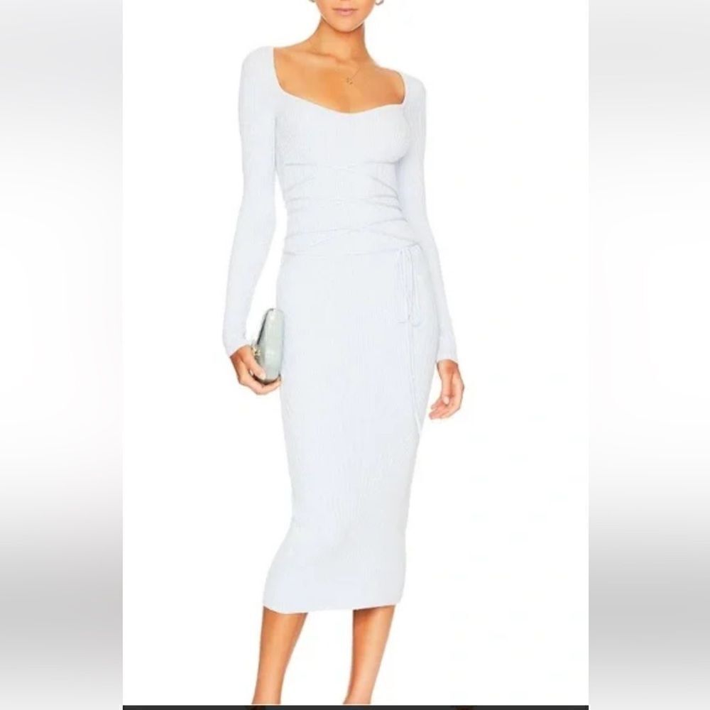 LPA Revolve Rhody knit midi tie dress pale blue ribbed sheath bodycon Sz M flaw
